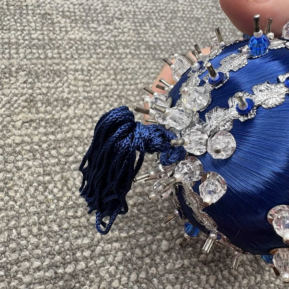 Vtg Silky Blue Christmas Ornament ‎ Pin Satin Beaded With Tassel Unique